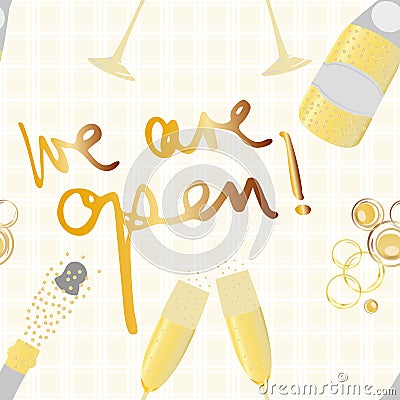Champagne icons business opening vector seamless pattern background. Text, fizzing bubbles, glasses,bottles gold gingham Vector Illustration
