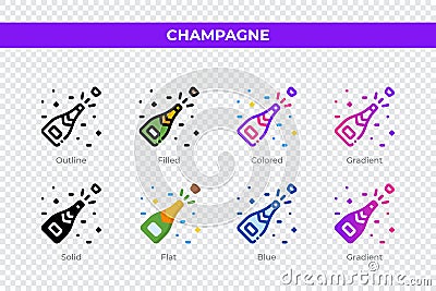 Champagne icons in different style. Champagne icons set. Holiday symbol. Different style icons set. Vector illustration Vector Illustration