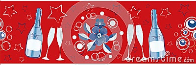 Champagne icons and stars vector seamless border. Champagne flutes, bottles, fizz, flower bouquet red, blue, white Vector Illustration