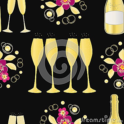 Champagne icons vector seamless pattern background. Elegant bottles, glasses, fizzy bubbles and flowers pink gold black Vector Illustration