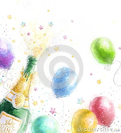 Champagne party. Celebration theme with splashing champagne balloons and stars.Happy Birthday.New Year.Party invitation.Birthday Stock Photo