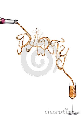 Champagne party splash font from bottle to glass Stock Photo