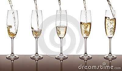 Champagne is poured into glasses on a white background, collage Stock Photo
