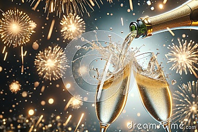 Champagne pouring into the flutes from a bottle. Sparkling fireworks and lights on festive background Stock Photo