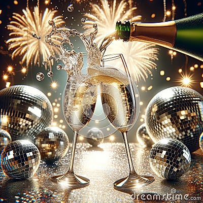 Champagne pouring into the flutes from a bottle. Sparkling fireworks and lights on festive background. New Year's Eve party Stock Photo