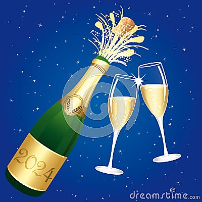 Champagne toast. Blue and gold Happy New Year 2024 or Congratulations Greeting card. Vector illustration. Vector Illustration