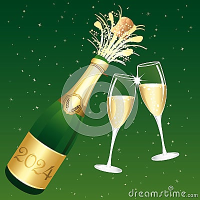 Champagne toast. Green and gold Happy New Year 2024 or Congratulations Greeting card. Vector illustration. Vector Illustration