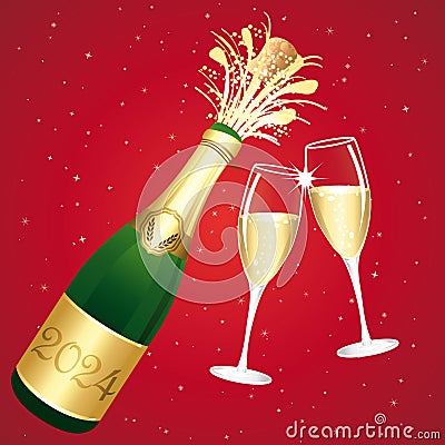 Champagne toast. Red and gold Happy New Year 2024 or Congratulations Greeting card. Vector illustration. Vector Illustration