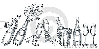 Champagne vector hand drawn sketch illustration. Human hand holding explosion champagne bottle and drinking glass Vector Illustration