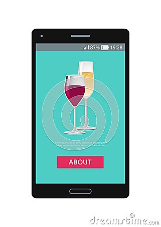 Champagne and Wine Glasses Shown on Mobile Phone Vector Illustration