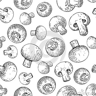 Champignon mushroom hand drawn vector seamless pattern. Sketch f Vector Illustration