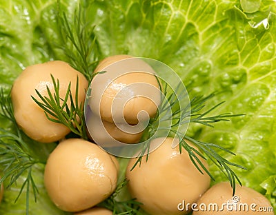 Champignon mushrooms in lettuce leaves Stock Photo