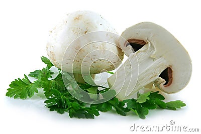 Champignon Mushrooms and Parsley Isolated on White Stock Photo
