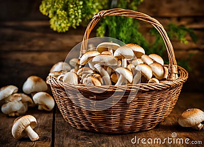 Champignon mushrooms in a wicker basket on a wooden table. Autumn harvest Stock Photo