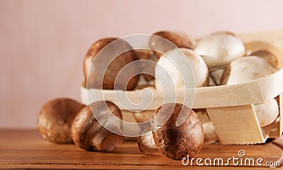 Champignon mushrooms in wooden basket Stock Photo