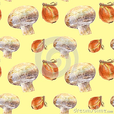 Champignon and onion on yellow background. Seamless watercolor pattern Stock Photo