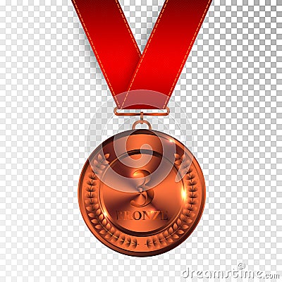 Champion Art Bronze Medal with Red Ribbon 3 Icon Sign Third Place Isolated on Transparent Background. Vector Illustration Vector Illustration