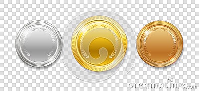 Champion Award Medals for sport winner prize. Set of realistic 3d empty gold, silver and bronze medals isolated. Vector Vector Illustration