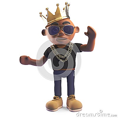 Champion black hiphop rapper in a royal gold crown, 3d illustration Cartoon Illustration