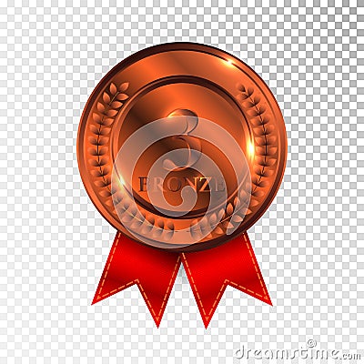 Champion Bronze Medal with Red Ribbon Icon Sign. Third Place Collection Set Isolated on Transparent Background. Vector Illustratio Vector Illustration