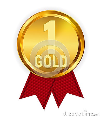 Champion Gold Medal with Red Ribbon. Icon Sign of First Place Isolated on White Background. Vector Illustration Vector Illustration