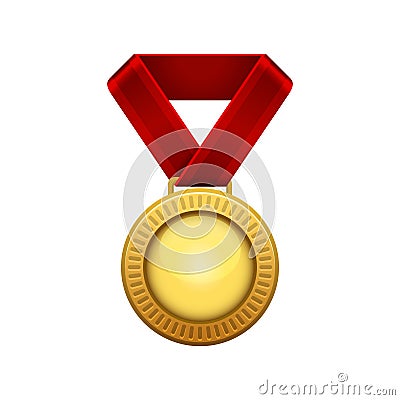 Champion Gold Medal with Red Ribbon. Vector Vector Illustration