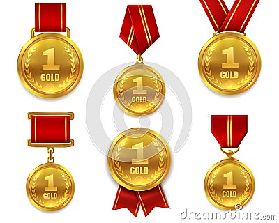 Champion gold medals. Award winner trophy golden medal sport reward competition first best hero red ribbon coin prize Vector Illustration