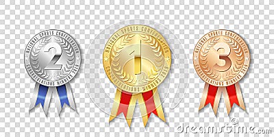 Champion gold, silver and bronze award medals with red ribbons Vector Illustration