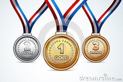 Champion gold, silver and bronze award medals with red ribbons. vector illustration. Vector Illustration