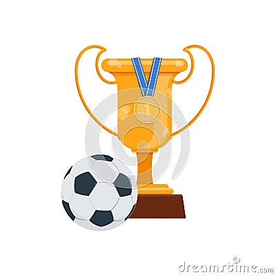 Champion golden trophy, medal and soccer ball Vector Illustration