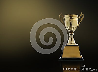 champion golden trophy on modern black background with gold light copy space ready for your design. Stock Photo