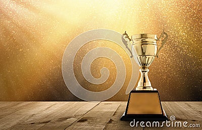 champion golden trophy on wood table with copy space and gold Twinkly Lights and glitter stars light background copy space ready Stock Photo