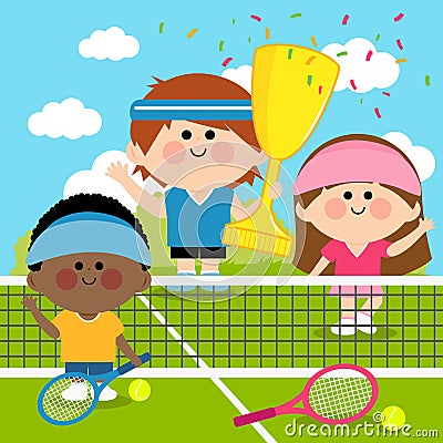 Champion children tennis players at the tennis court holding a trophy. Vector illustration Vector Illustration
