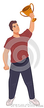 Champion man holding golden cup in hands vector Vector Illustration