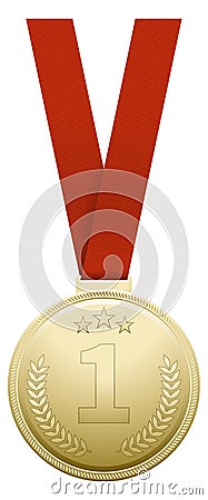 Champion medal. Golden round award. Sport trophy Vector Illustration