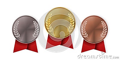 Champion medal with red ribbon. Gold, silver or bronze badges with laurel branches. Sport competition trophies template Vector Illustration