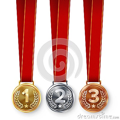 Champion Medals Set Vector. Metal Realistic First, Second Third Placement Achievement. Round Medals With Red Ribbon, Relief Detail Vector Illustration
