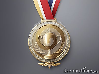 Champion's Emblems. Shining Gold Medals, Glittering Cups, and Crowned Victors Stock Photo