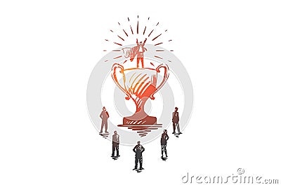 Champion, success, victory, businessman, superman concept. Hand drawn isolated vector. Vector Illustration
