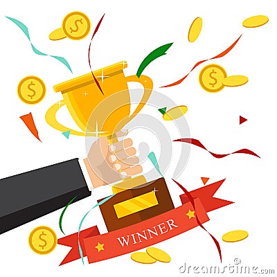 Champion trophy flat icon. Golden winner cup. Championship and l Vector Illustration