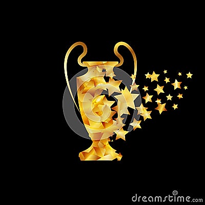 Champions cup. Gold star particles form a sport trophy silhouette. Vector Illustration