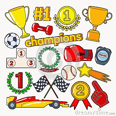 Champions Doodle with Medals, Prize and Podium. Sports Elements Set Vector Illustration