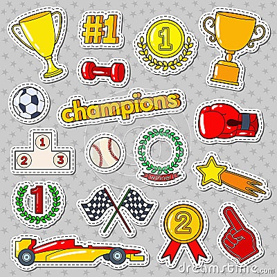 Champions Doodle with Medals, Prize and Podium. Sports Stickers, Badges and Patches Vector Illustration