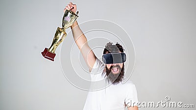 Championship online. Feel victory in virtual reality games. Achieve victory. Hipster virtual gamer got achievement. Man Stock Photo