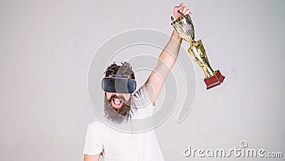 Championship online. Feel victory in virtual reality games. Achieve victory. Hipster virtual gamer got achievement. Man Stock Photo