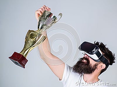 Championship online. Feel victory in virtual reality games. Achieve victory. Hipster virtual gamer got achievement. Man Stock Photo