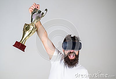 Championship online. Man winner virtual competition. Feel victory in virtual reality games. Achieve victory. Hipster Stock Photo