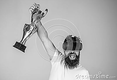 Championship online. Man winner virtual competition. Feel victory in virtual reality games. Achieve victory. Hipster Stock Photo