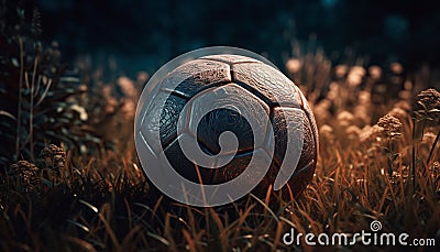 Championship soccer ball rolls on dirty grass in outdoor competition generated by AI Stock Photo