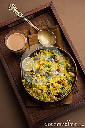 Chana Poha or Chickpea Pohe is a protein rich breakfast recipe from India Stock Photo